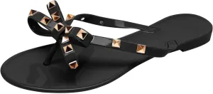 Women Rivet Flat Flip Flops Studded Jelly Thong Sandals with Bow Summer Bowtie Slip On Flat Beach Dressy Slides Fashion Dress Slipper