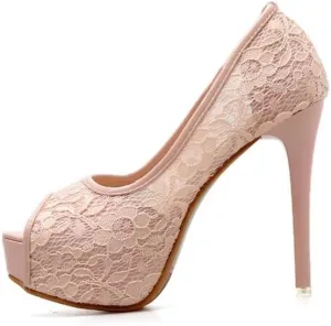Women Sexy Lace Platform Peep-Toe Stiletto Pumps Elegant Slip On High Heels Bridal Evening Party Wear Dress Shoes