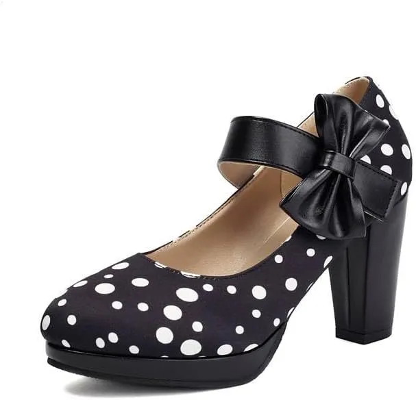 Women Stylish Bow Platform Mary Jane Pumps Chunky High Heels with Polka Dots