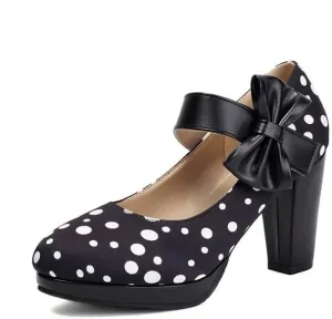 Women Stylish Bow Platform Mary Jane Pumps Chunky High Heels with Polka Dots