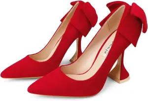 Women Stylish Bow Pumps Closed Toe High Heel Wedding Shoes