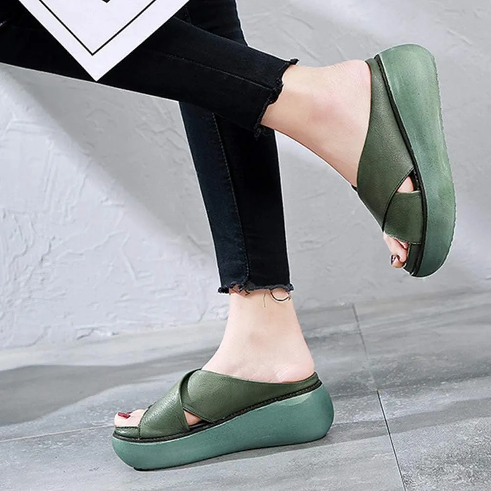 Women Wedge Sandals Two Bands Platform Slides Wavy Sole Flip Flop