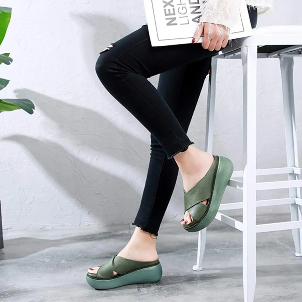 Women Wedge Sandals Two Bands Platform Slides Wavy Sole Flip Flop