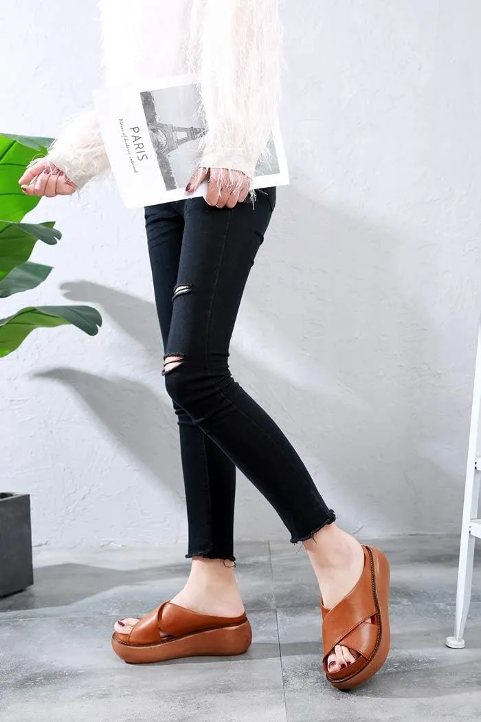 Women Wedge Sandals Two Bands Platform Slides Wavy Sole Flip Flop