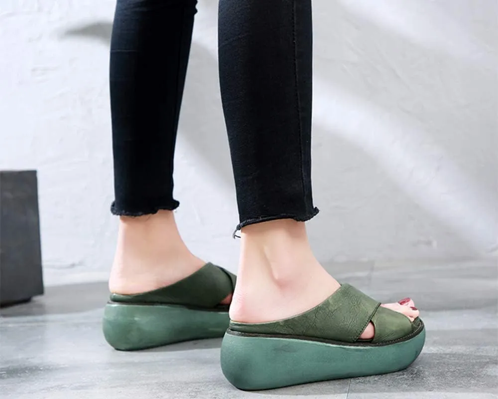 Women Wedge Sandals Two Bands Platform Slides Wavy Sole Flip Flop