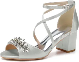 Women's 2.36 Inch Low Chunky Heels Dress Pump Peep Toe Cross Ankle Strap Crystal Wedding Block Heeled Sandals