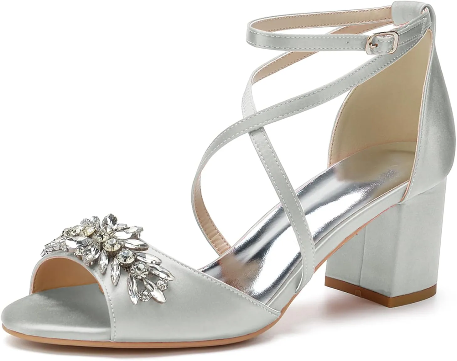Women's 2.36 Inch Low Chunky Heels Dress Pump Peep Toe Cross Ankle Strap Crystal Wedding Block Heeled Sandals