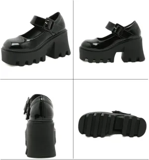 Women's Black Leather Platform Wedge Heel Mary Jane Shoes Retro Round Toe Lacquered Adjustable Buckle Non-Slip Chunky Height-Enhancing Gothic High Heels Suitable for Party Dances