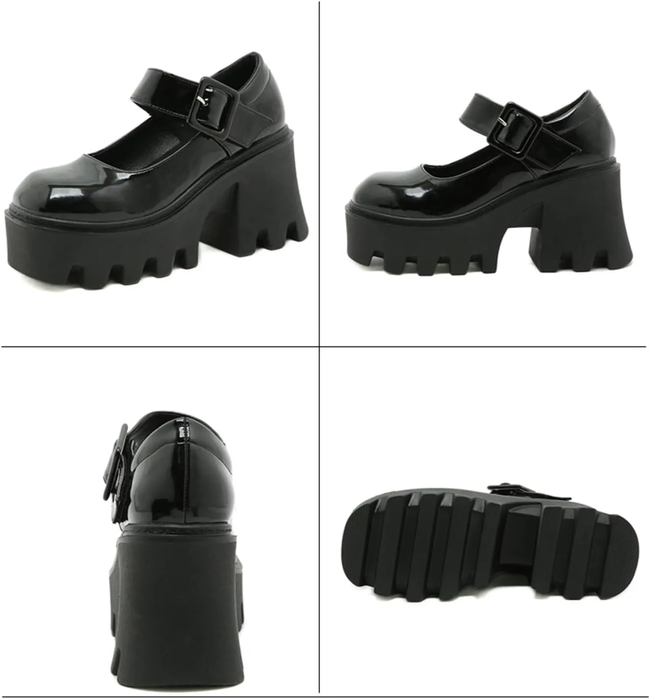 Women's Black Leather Platform Wedge Heel Mary Jane Shoes Retro Round Toe Lacquered Adjustable Buckle Non-Slip Chunky Height-Enhancing Gothic High Heels Suitable for Party Dances