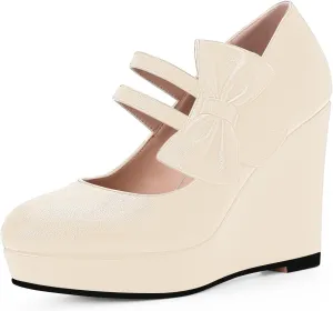 Women's Bow Closed Toe Hook Loop Platform High Heel Wedges Sandals Comfortable Mary Janes Pumps