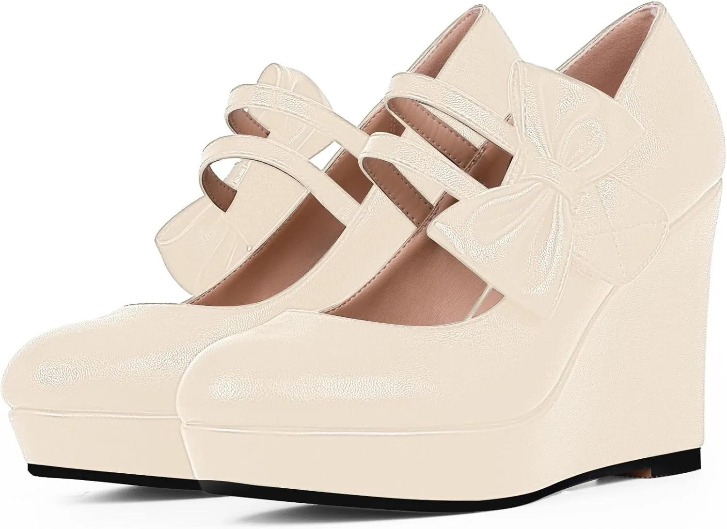 Women's Bow Closed Toe Hook Loop Platform High Heel Wedges Sandals Comfortable Mary Janes Pumps
