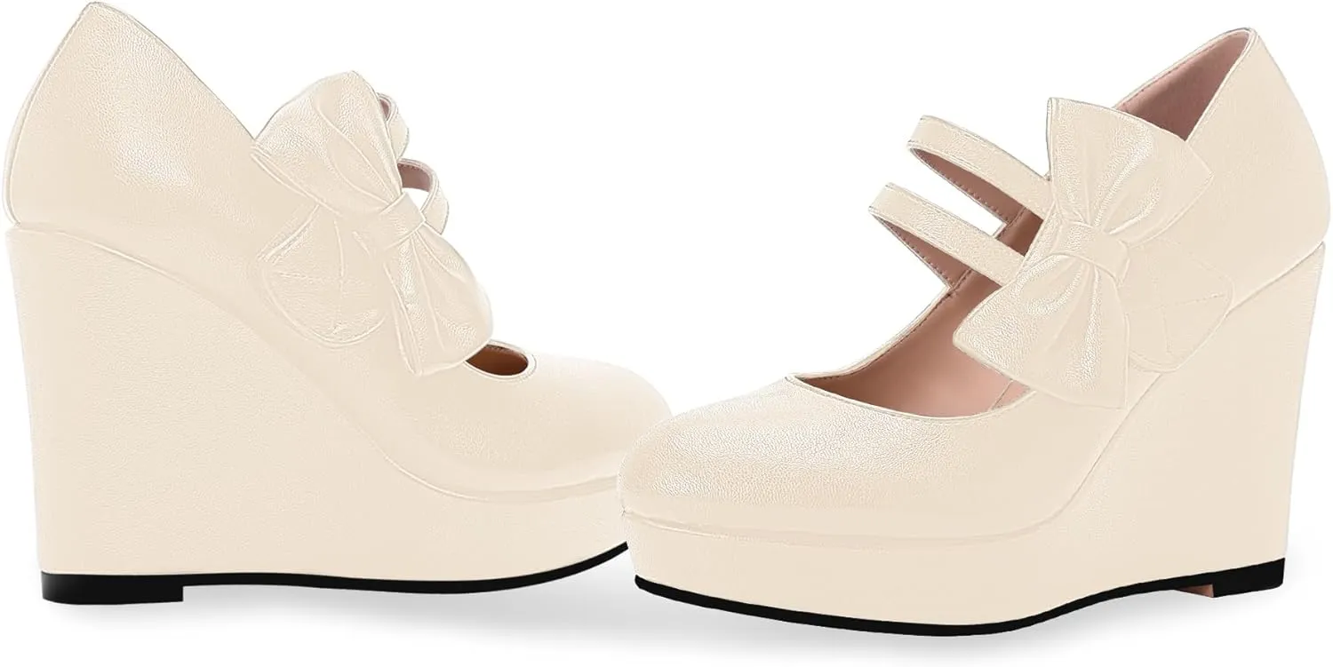 Women's Bow Closed Toe Hook Loop Platform High Heel Wedges Sandals Comfortable Mary Janes Pumps