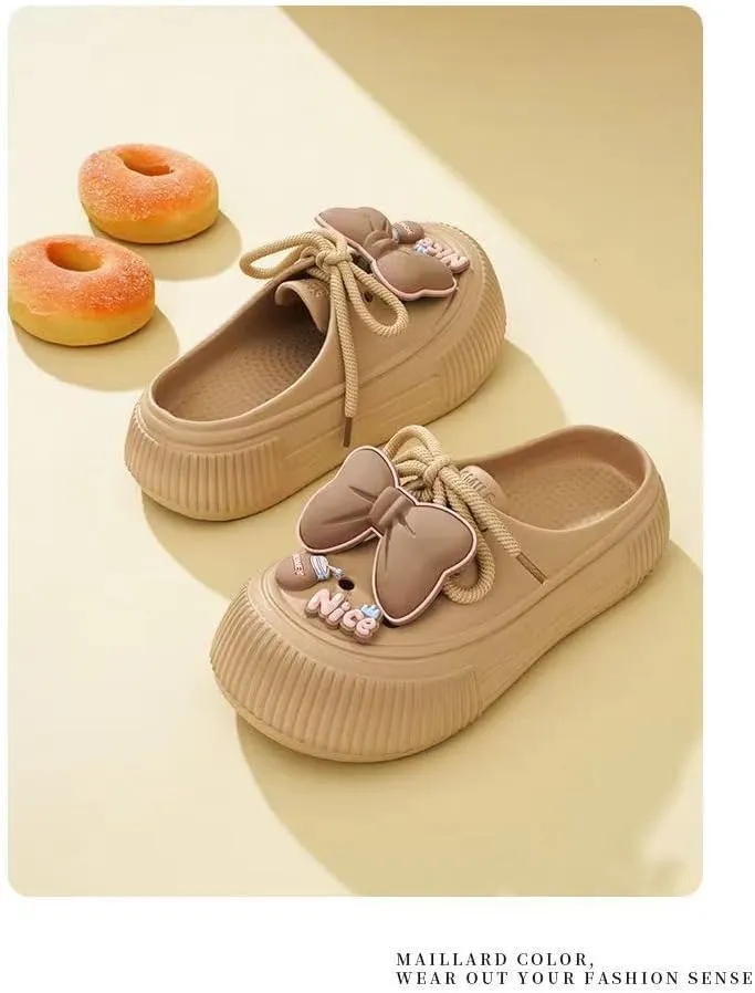 Women's Bow Decor Platform Clogs, Stylish Closed Toe Summer Beach Slide Shoes, Fashion Outdoor Lace-up Beach Garden Sandals