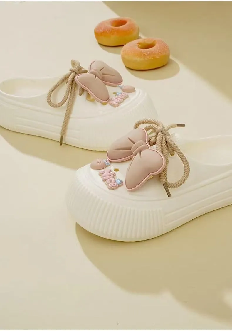 Women's Bow Decor Platform Clogs, Stylish Closed Toe Summer Beach Slide Shoes, Fashion Outdoor Lace-up Beach Garden Sandals