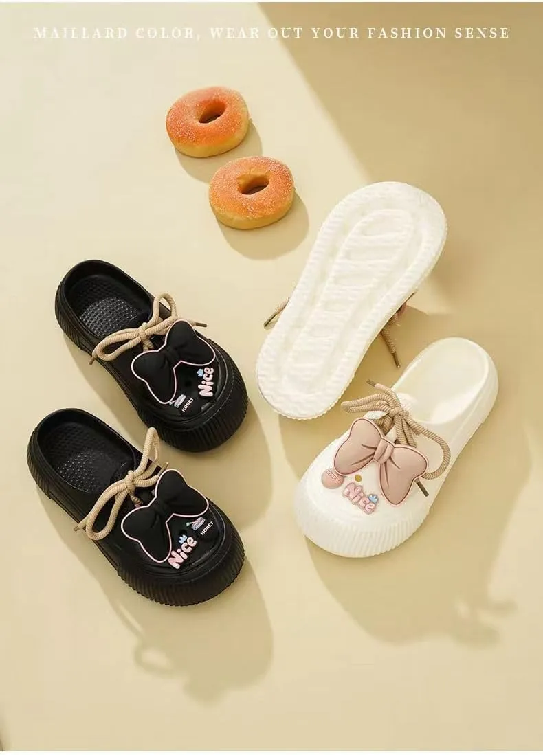 Women's Bow Decor Platform Clogs, Stylish Closed Toe Summer Beach Slide Shoes, Fashion Outdoor Lace-up Beach Garden Sandals