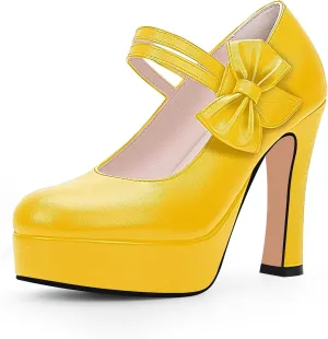 Women's Bow Plafrom High Heel Mary Janes Pumps Hook Loop Round Toe Dress Shoes