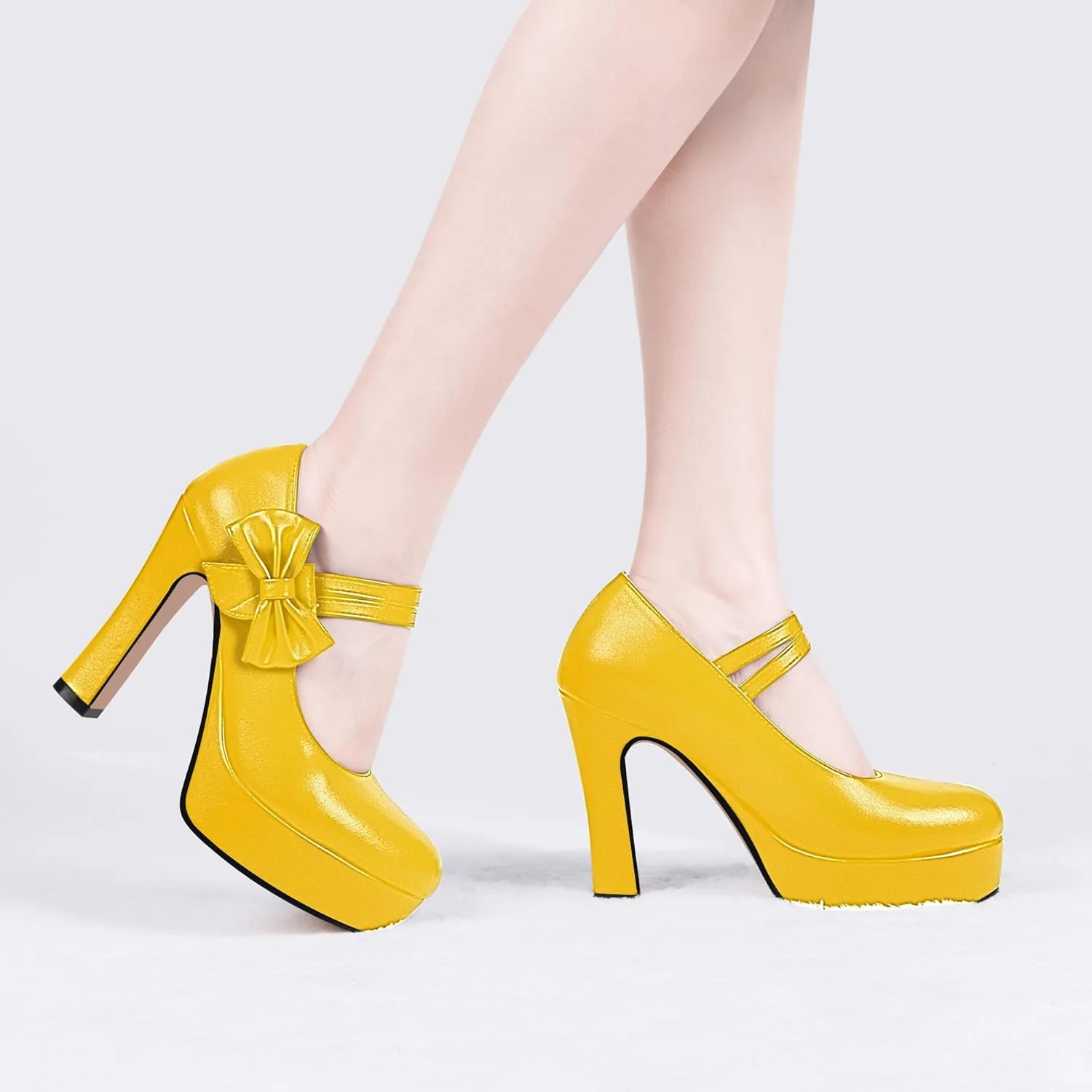 Women's Bow Plafrom High Heel Mary Janes Pumps Hook Loop Round Toe Dress Shoes