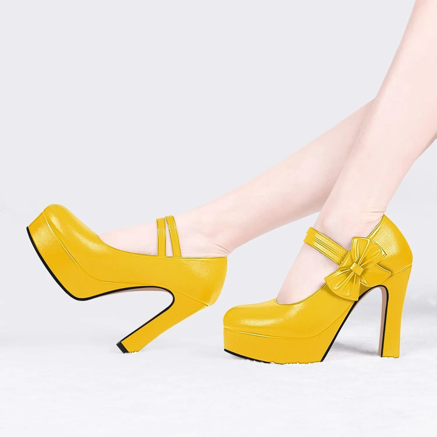 Women's Bow Plafrom High Heel Mary Janes Pumps Hook Loop Round Toe Dress Shoes