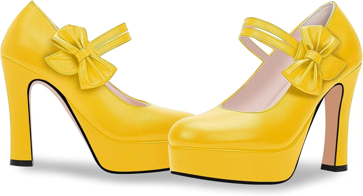 Women's Bow Plafrom High Heel Mary Janes Pumps Hook Loop Round Toe Dress Shoes