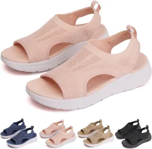 Women's Breathable Orthopedic Sandals, Open Toe Comfortable Air Cushion Support Walking Sandals Breathable Knit Slingback Platform Hiking Outdoor Active Wide Width Shoe Pink,7