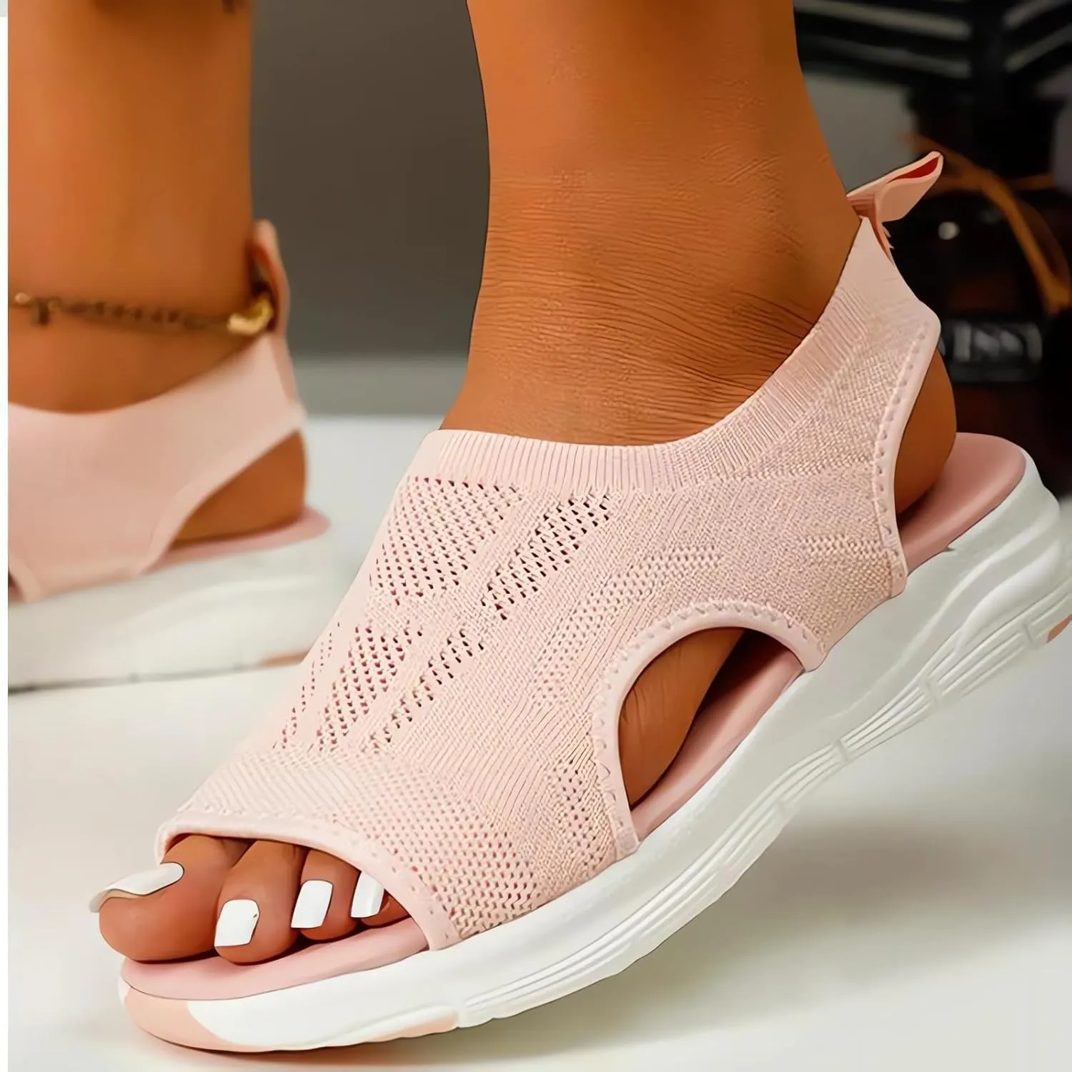 Women's Breathable Orthopedic Sandals, Open Toe Comfortable Air Cushion Support Walking Sandals Breathable Knit Slingback Platform Hiking Outdoor Active Wide Width Shoe Pink,7