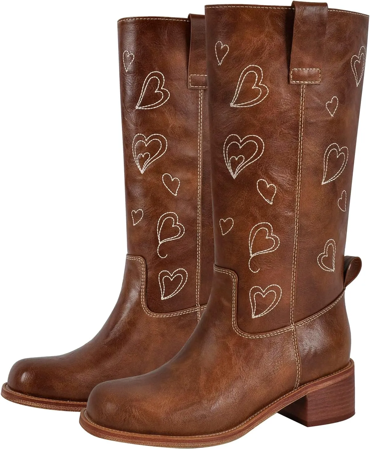 Women's Campus Boots Mid Calf Square Toe Comfortable Chunky Heel Boots with Hearts