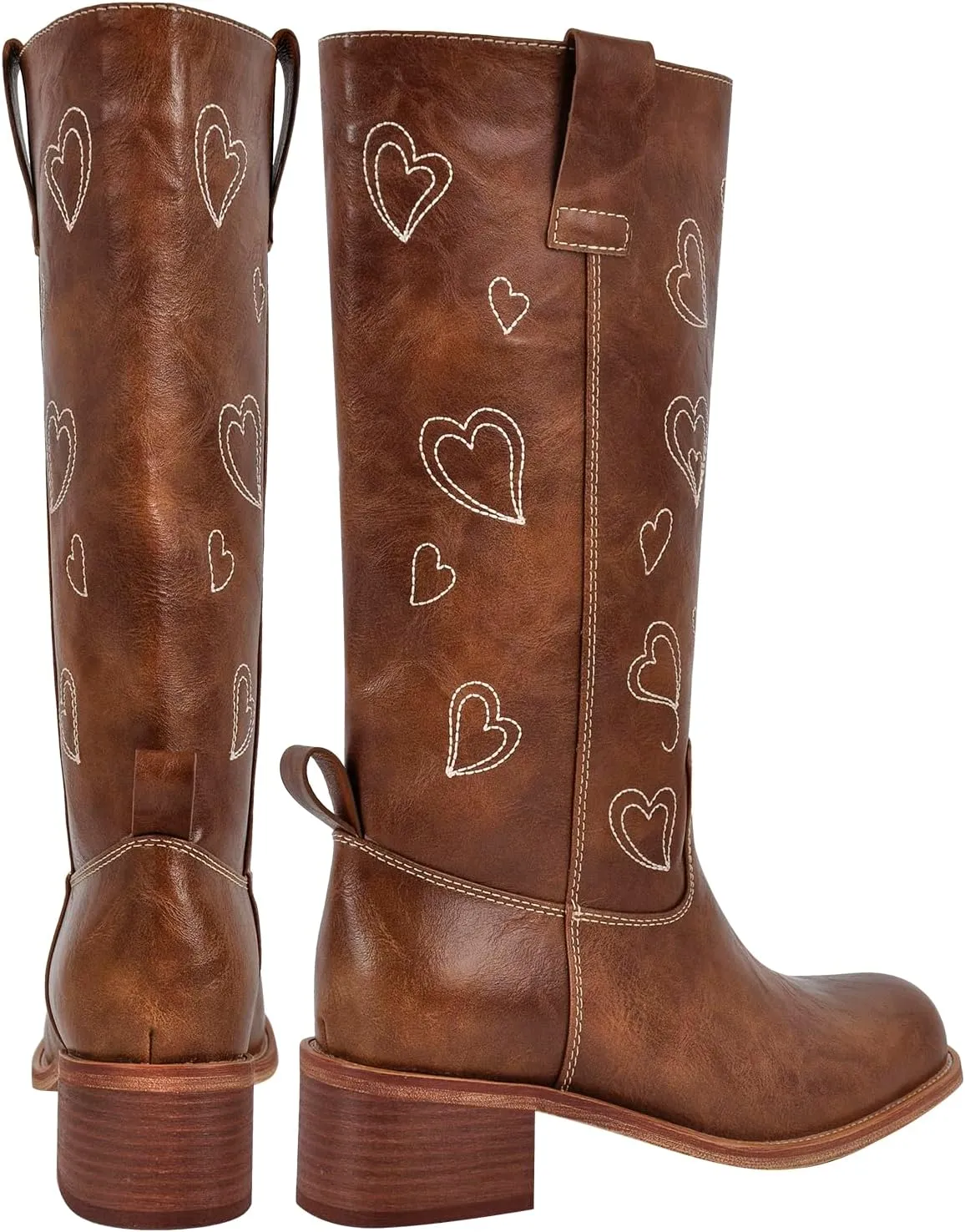 Women's Campus Boots Mid Calf Square Toe Comfortable Chunky Heel Boots with Hearts