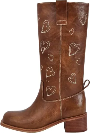 Women's Campus Boots Mid Calf Square Toe Comfortable Chunky Heel Boots with Hearts