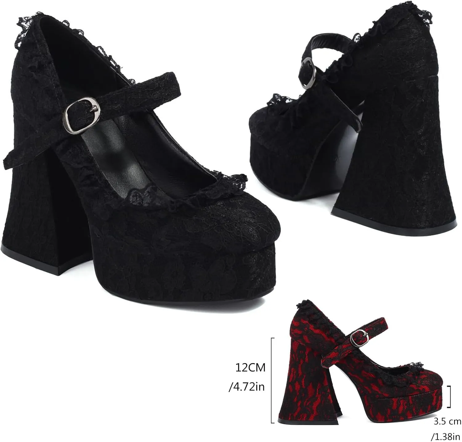 Women's Chunky High Heel Mary Janes Gothic Lolita Shoes Pumps Lace Flower Gothic Heels Cosplay Platform Shoes