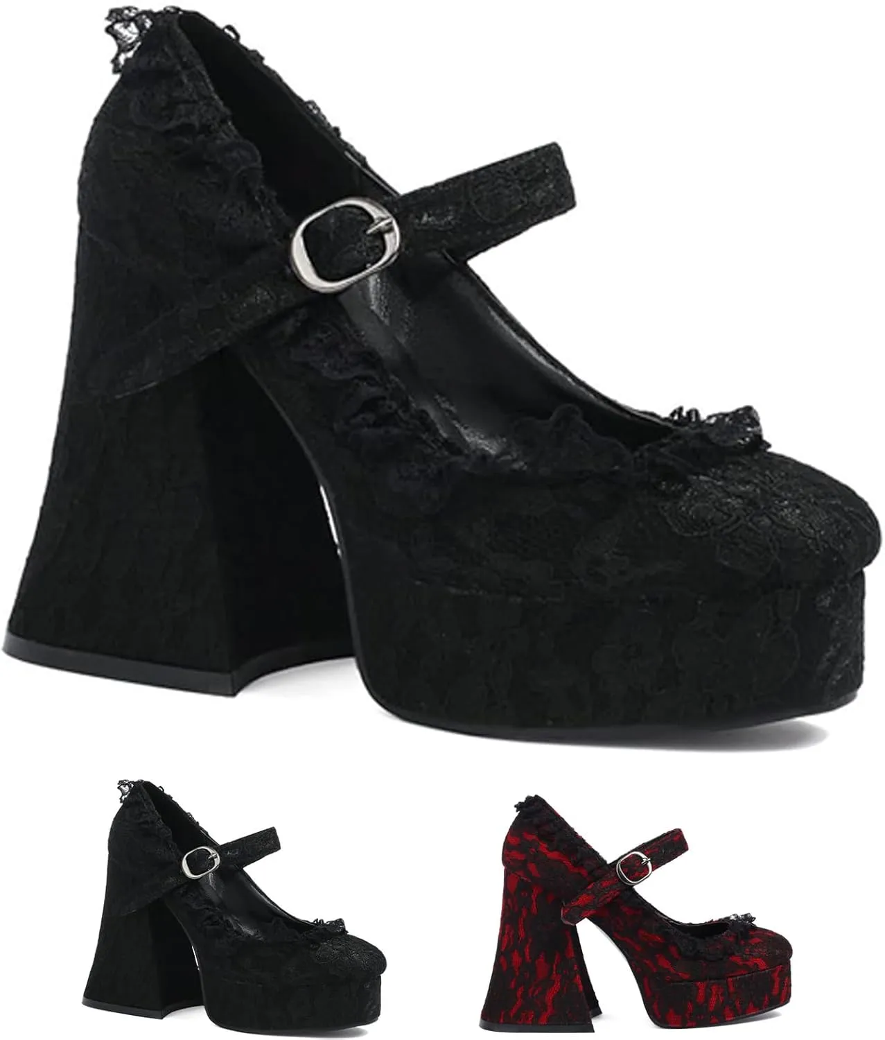 Women's Chunky High Heel Mary Janes Gothic Lolita Shoes Pumps Lace Flower Gothic Heels Cosplay Platform Shoes