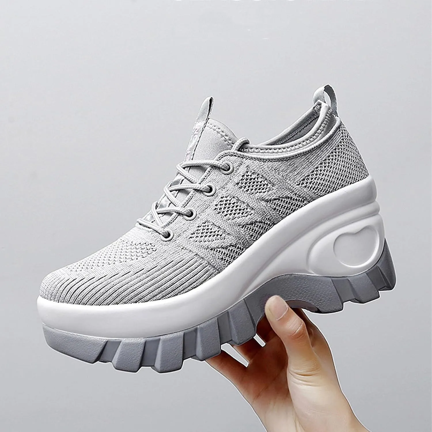 Women's Chunky Platform Comfort Orthopedic Wedge Walking Shoes Fashion Knitted Breathable Lace Up Lug Sole Casual Non-Slip Running Shoes with Arch Support