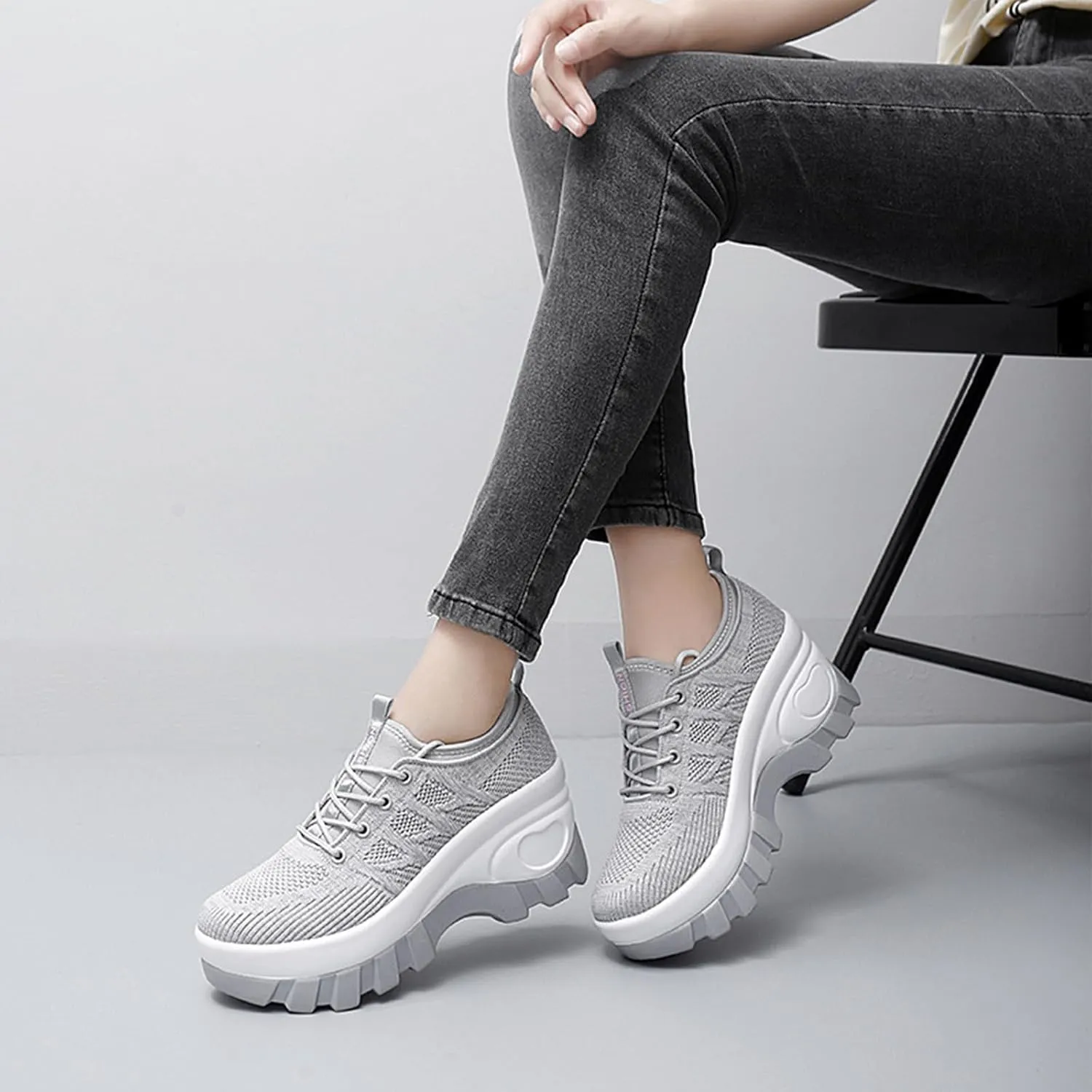 Women's Chunky Platform Comfort Orthopedic Wedge Walking Shoes Fashion Knitted Breathable Lace Up Lug Sole Casual Non-Slip Running Shoes with Arch Support