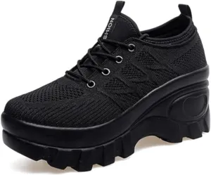 Women's Chunky Platform Comfort Orthopedic Wedge Walking Shoes Fashion Knitted Breathable Lace Up Lug Sole Casual Non-Slip Running Shoes with Arch Support