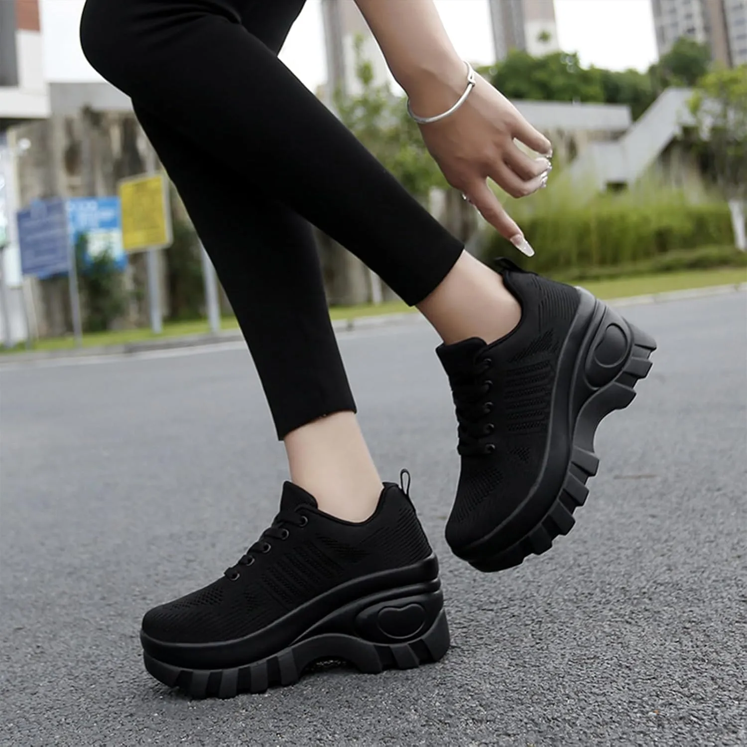 Women's Chunky Platform Comfort Orthopedic Wedge Walking Shoes Fashion Knitted Breathable Lace Up Lug Sole Casual Non-Slip Running Shoes with Arch Support