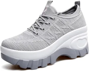 Women's Chunky Platform Comfort Orthopedic Wedge Walking Shoes Fashion Knitted Breathable Lace Up Lug Sole Casual Non-Slip Running Shoes with Arch Support