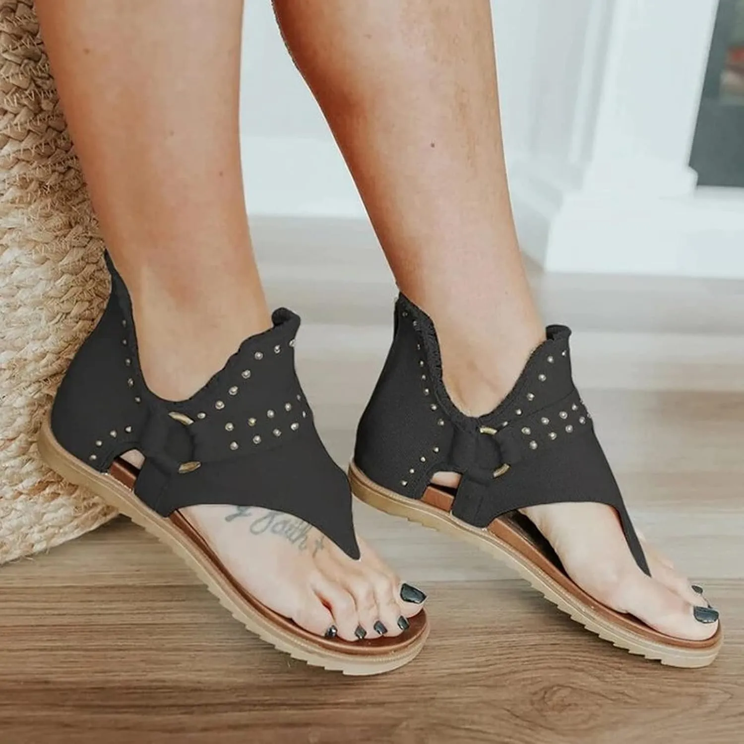 Women's Clip-Toe Flip Flops Studded Canvas Flat Sandals,Summer Fashion Buckle-Strap Back Zipper Orthopedic Open Toe Flops,Casual Fringe Boho Comfy Slip on Beach Slippers