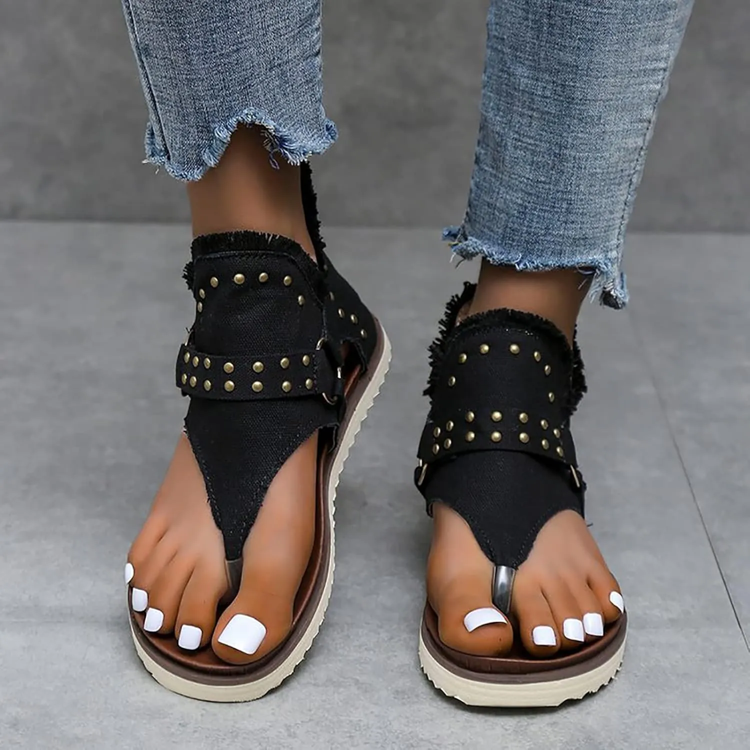 Women's Clip-Toe Flip Flops Studded Canvas Flat Sandals,Summer Fashion Buckle-Strap Back Zipper Orthopedic Open Toe Flops,Casual Fringe Boho Comfy Slip on Beach Slippers