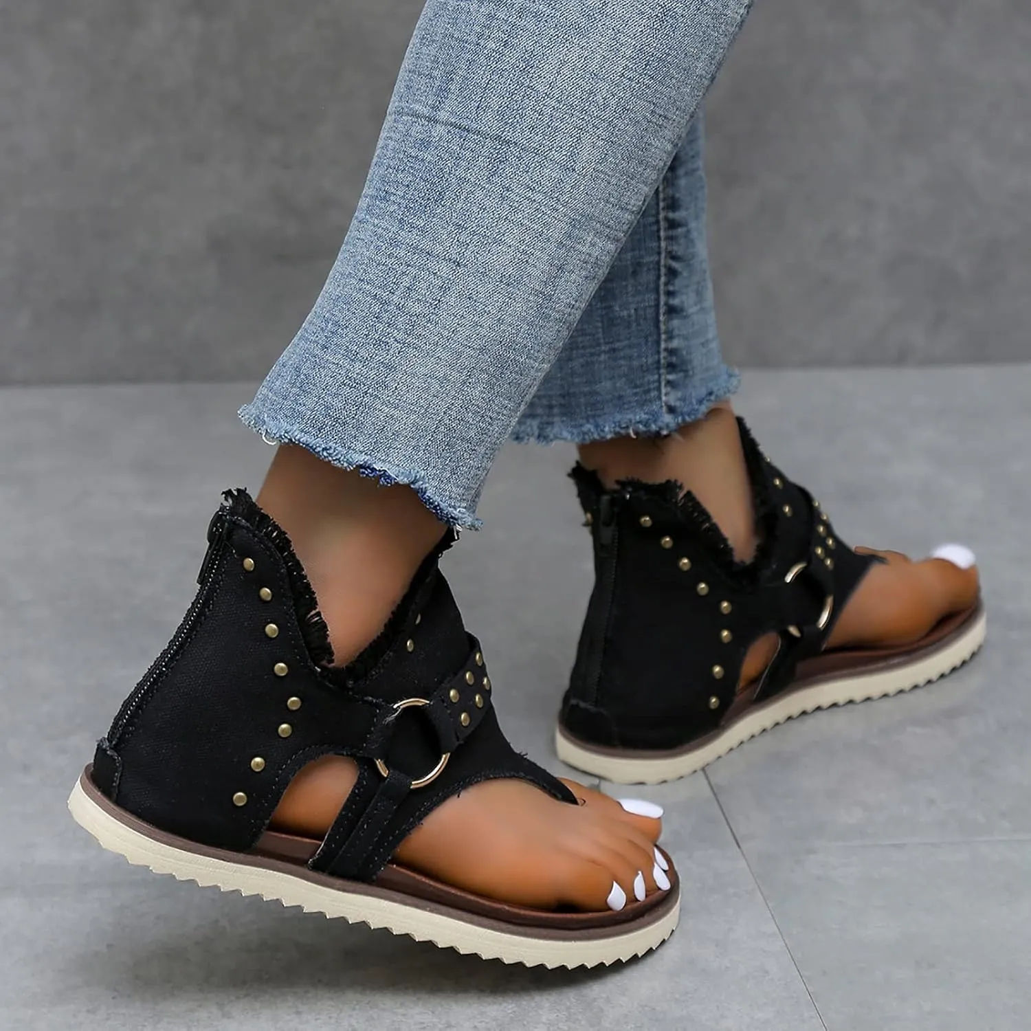 Women's Clip-Toe Flip Flops Studded Canvas Flat Sandals,Summer Fashion Buckle-Strap Back Zipper Orthopedic Open Toe Flops,Casual Fringe Boho Comfy Slip on Beach Slippers