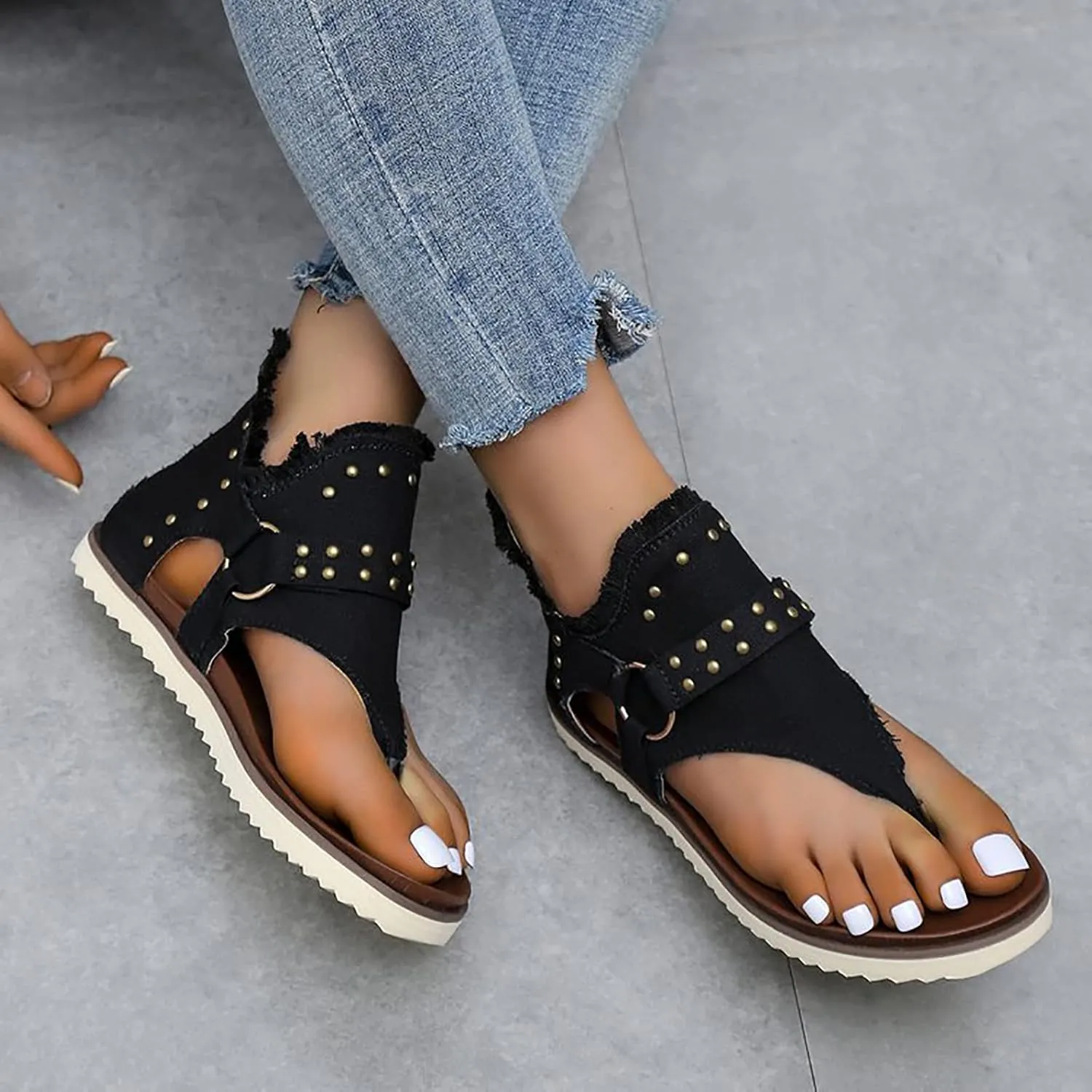 Women's Clip-Toe Flip Flops Studded Canvas Flat Sandals,Summer Fashion Buckle-Strap Back Zipper Orthopedic Open Toe Flops,Casual Fringe Boho Comfy Slip on Beach Slippers