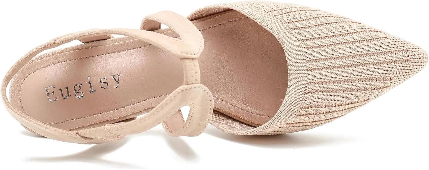 Women's Closed Toe Low Kitten Heel Knit Pumps Elastic Ankle Strap Pointed Toe Slingback Comfortable Dress Wedding Party Shoes
