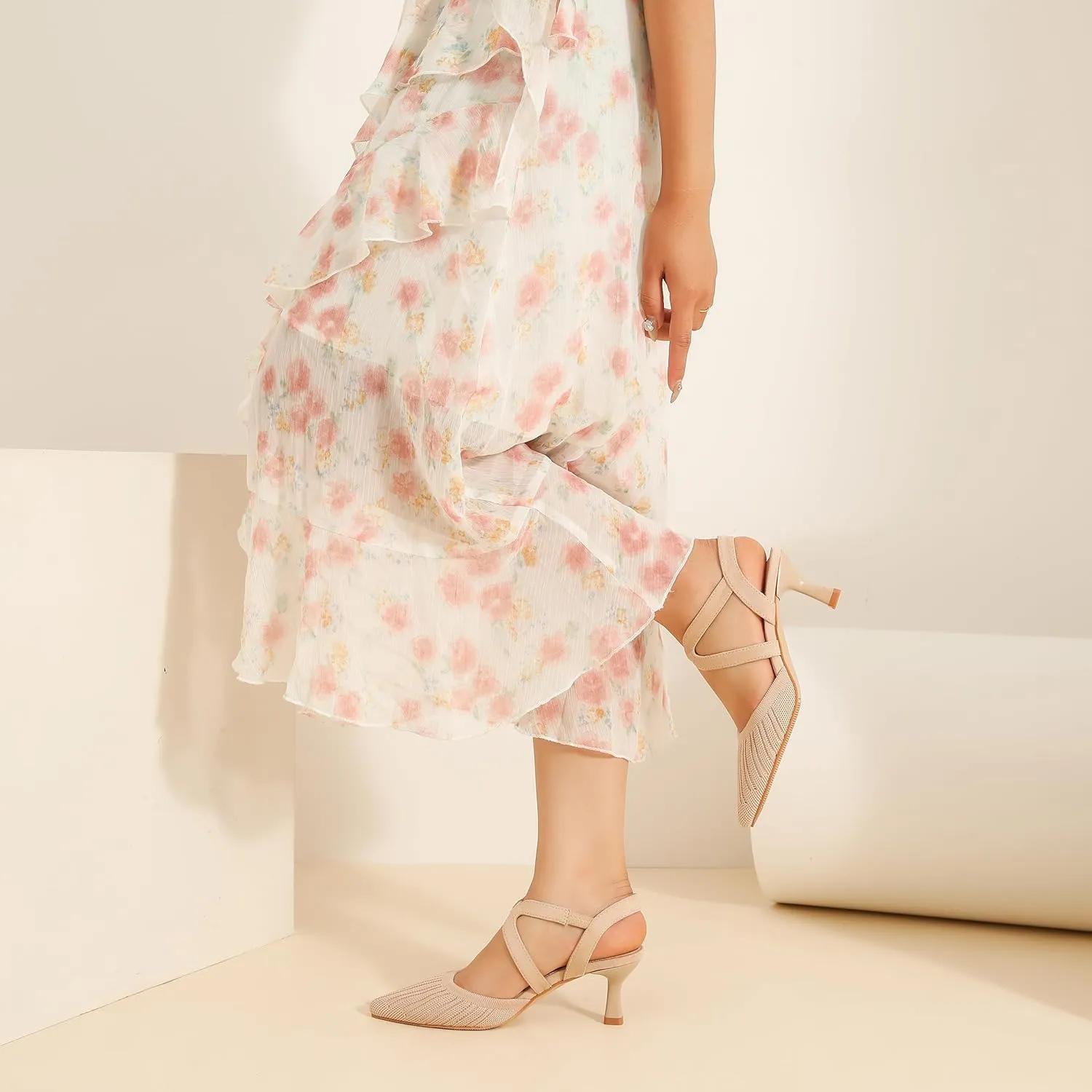 Women's Closed Toe Low Kitten Heel Knit Pumps Elastic Ankle Strap Pointed Toe Slingback Comfortable Dress Wedding Party Shoes
