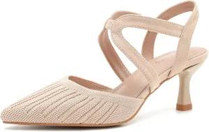 Women's Closed Toe Low Kitten Heel Knit Pumps Elastic Ankle Strap Pointed Toe Slingback Comfortable Dress Wedding Party Shoes