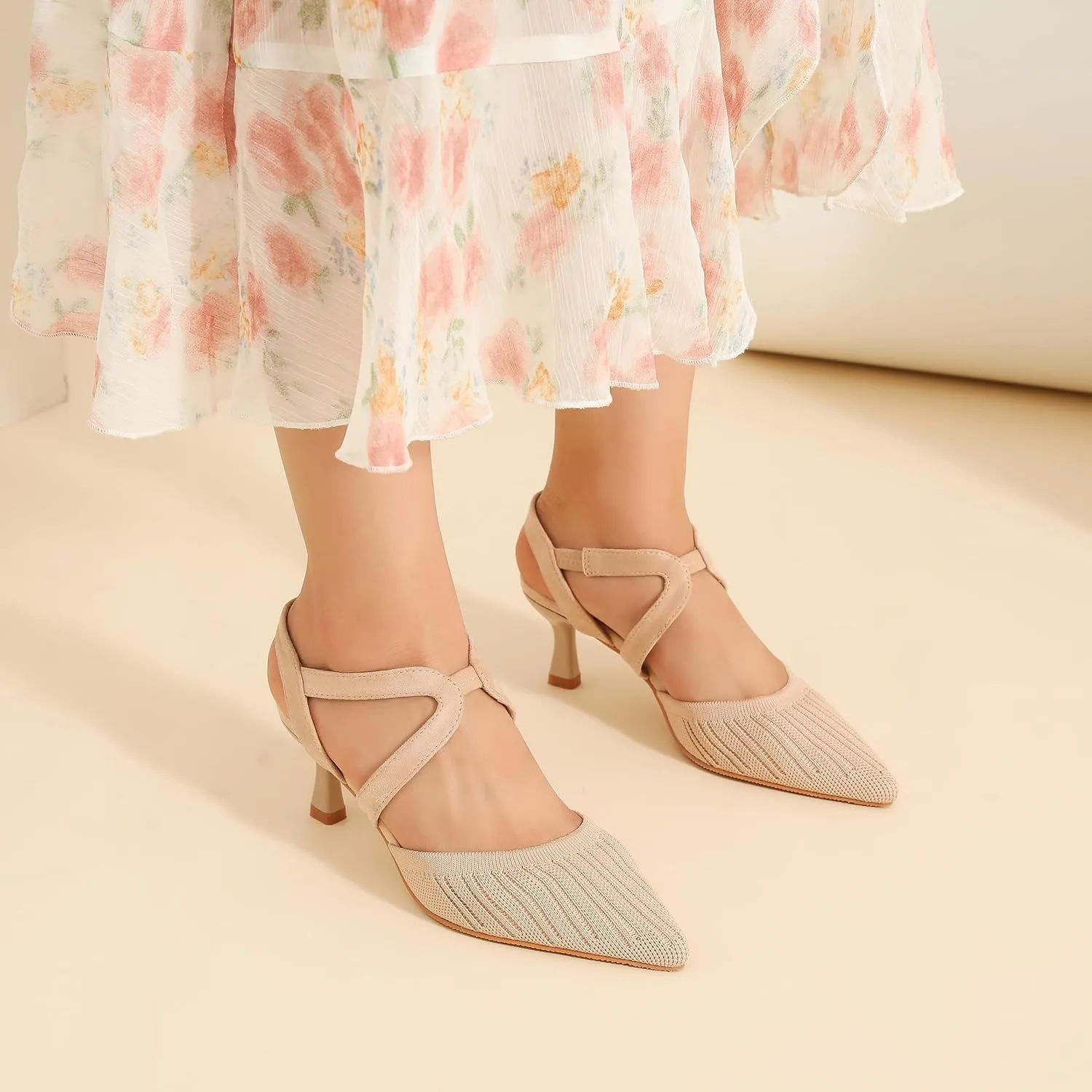 Women's Closed Toe Low Kitten Heel Knit Pumps Elastic Ankle Strap Pointed Toe Slingback Comfortable Dress Wedding Party Shoes