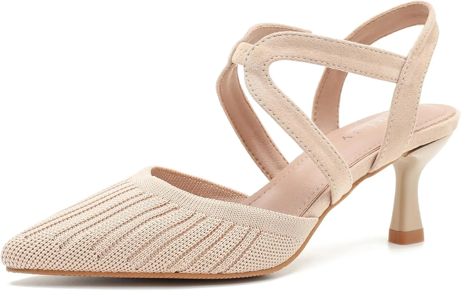 Women's Closed Toe Low Kitten Heel Knit Pumps Elastic Ankle Strap Pointed Toe Slingback Comfortable Dress Wedding Party Shoes