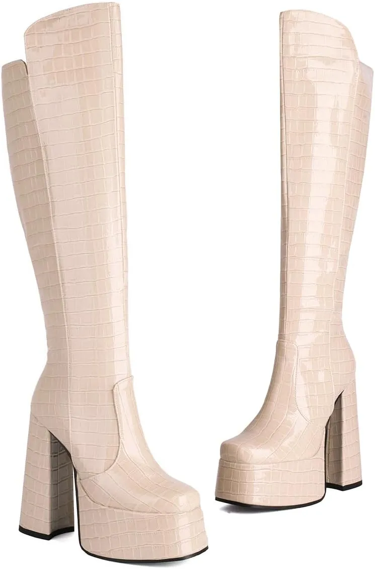 Women's Crocodile Chunky Heel Platform Square toe Knee High Boots Side Zipper Tall Boots Comfortable Stylish High heels Winter Boots