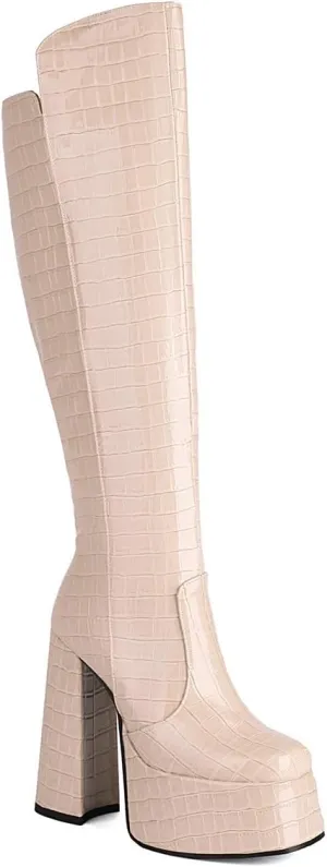 Women's Crocodile Chunky Heel Platform Square toe Knee High Boots Side Zipper Tall Boots Comfortable Stylish High heels Winter Boots