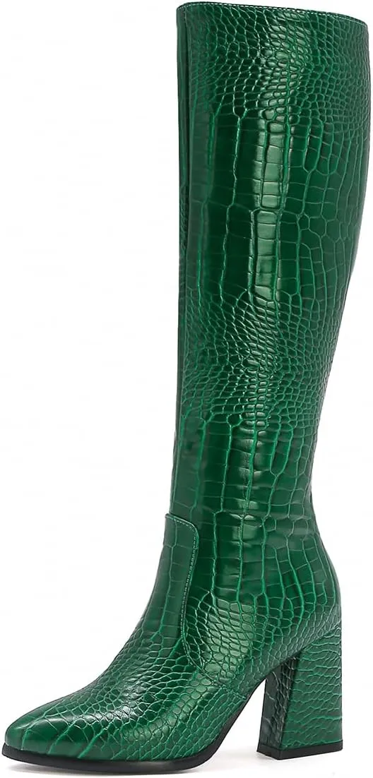 Women's Crocodile Chunky Heel Pointed toe Side Zipper Knee High Boots Faux Leather Tall Boots Soft Fur Lining Comfortable Stylish Winter Boots