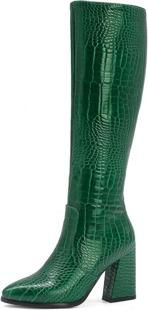 Women's Crocodile Chunky Heel Pointed toe Side Zipper Knee High Boots Faux Leather Tall Boots Soft Fur Lining Comfortable Stylish Winter Boots