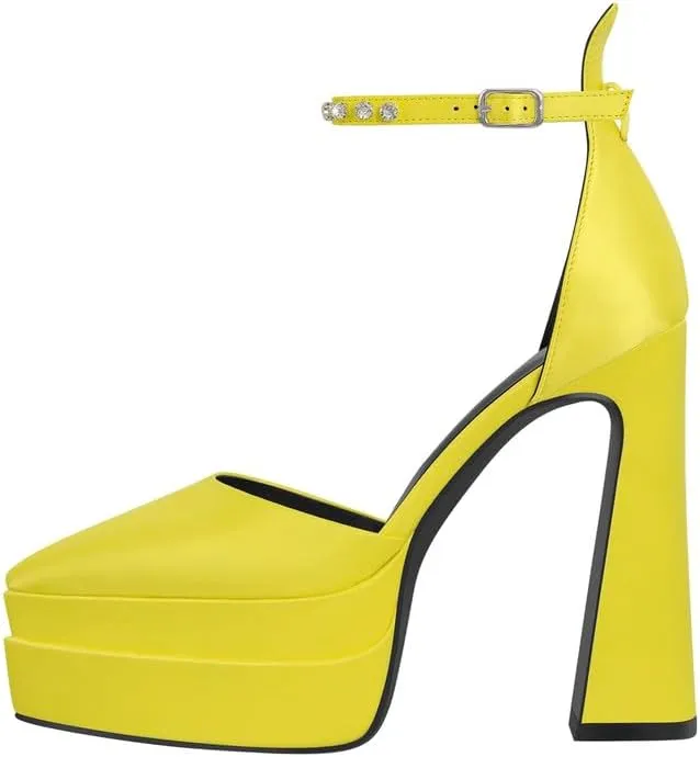 Women’s Double High Chunky Platform Pointed Closed Toe Chunky Heels Ankle Strap Rhinestone Pumps Shoes for Dress Wedding Party