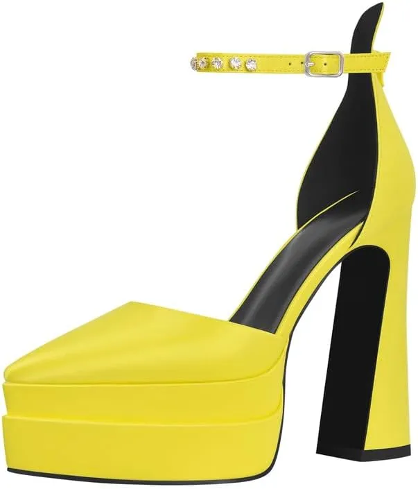 Women’s Double High Chunky Platform Pointed Closed Toe Chunky Heels Ankle Strap Rhinestone Pumps Shoes for Dress Wedding Party